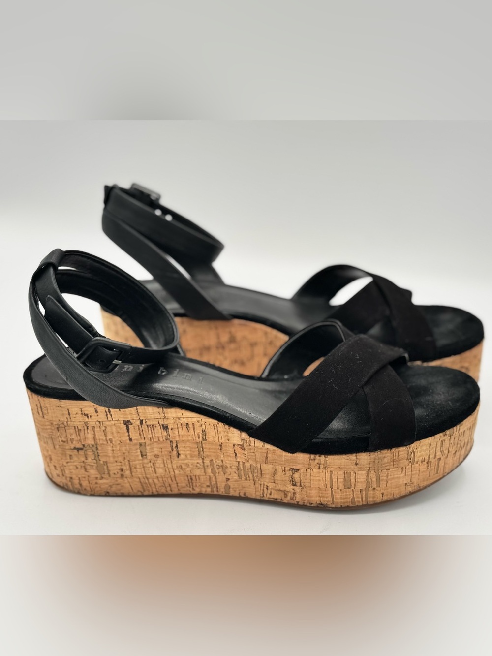 Gianni Bini Black Cork Platform Wedge Sandals
